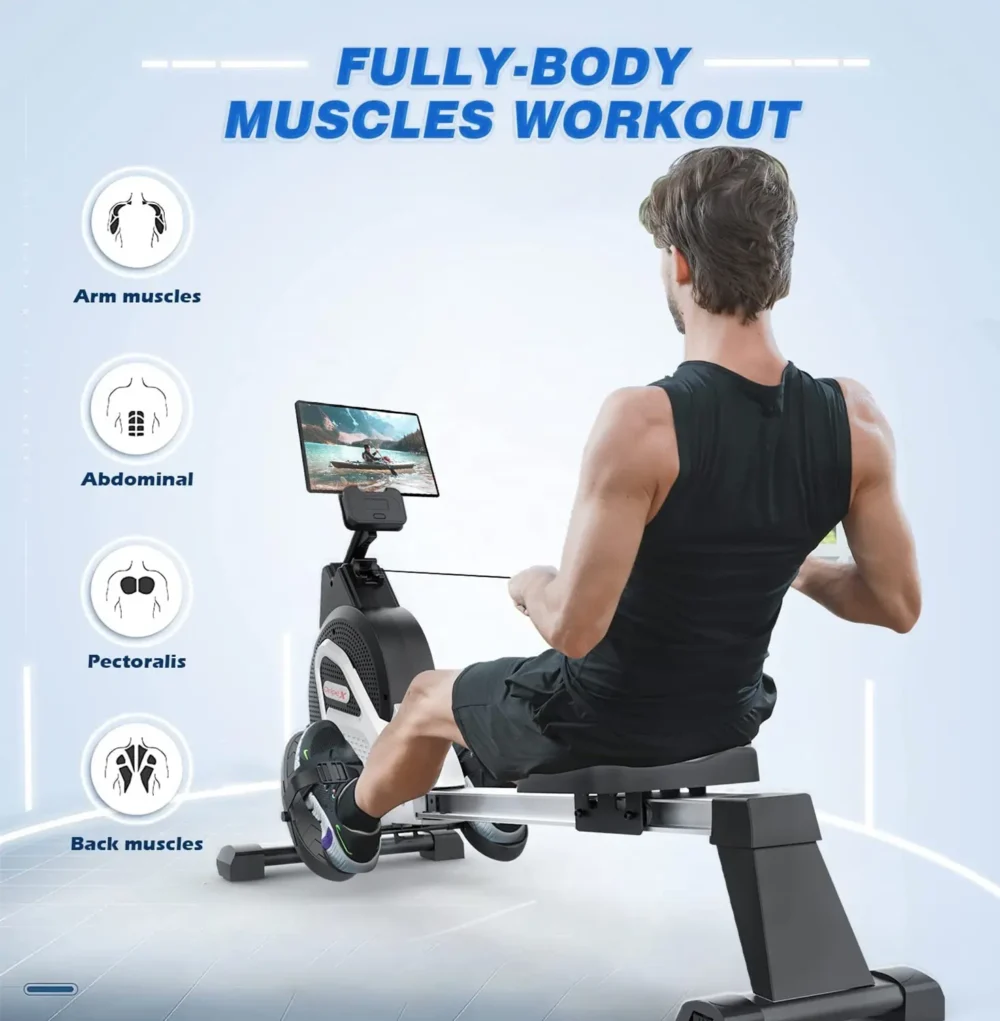 Magnetic rowing machine for home and gym use, full-body cardio exercise equipment with adjustable resistance