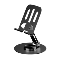 Metal phone and tablet holder with 360-degree rotation, anti-slip base, and foldable adjustable design for desktop use