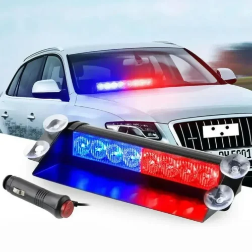 Red and blue LED police-style strobe light for car windshield – high-intensity emergency warning flash bar with 12V plug.