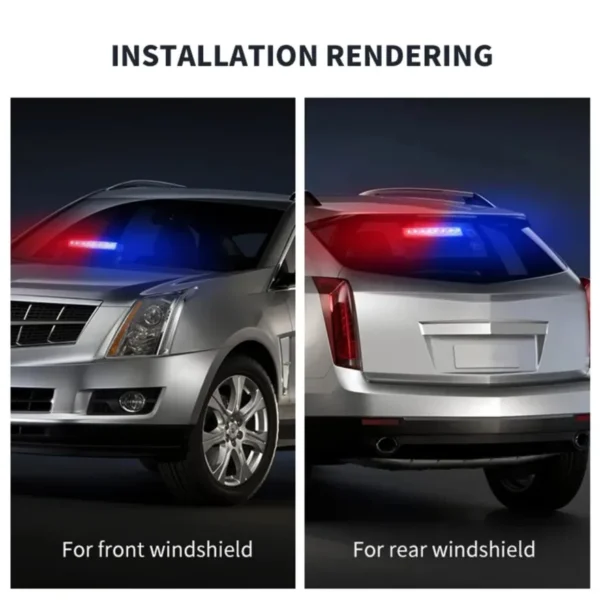 Red and blue LED police-style strobe light for car windshield – high-intensity emergency warning flash bar with 12V plug.