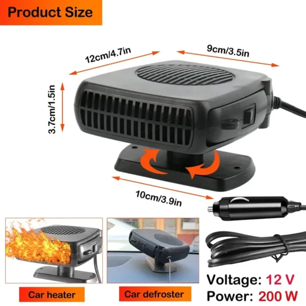 12V portable car heater and windshield defroster – 200W fast heating defogger with cigarette lighter plug for winter driving.