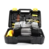 Portable 12V car tire inflator and repair tool kit – heavy-duty air compressor with pressure gauge, hose, and full emergency tools set in carrying case.