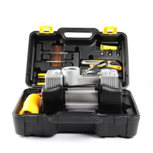 Portable 12V car tire inflator and repair tool kit – heavy-duty air compressor with pressure gauge, hose, and full emergency tools set in carrying case.