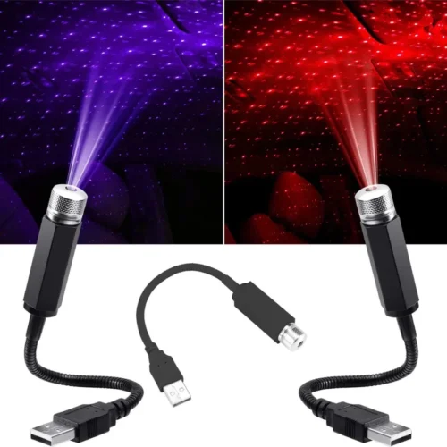 USB car star projector light – adjustable red and purple ambient galaxy lamp for car interior ceiling lighting.