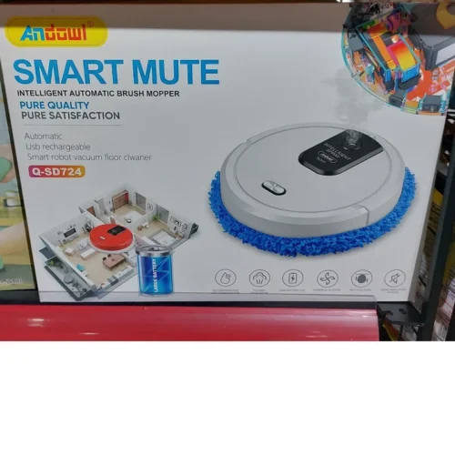Andowl SMART MUTE Q-SD724 smart robot vacuum and mop with blue cleaning pad shown on packaging.