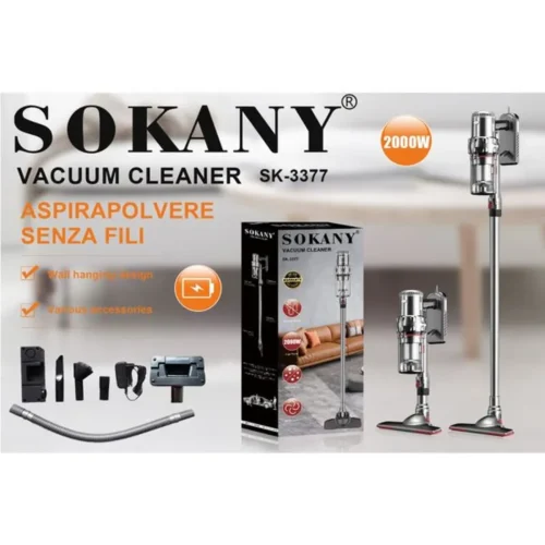 SOKANY SK-3377 cordless vacuum cleaner with accessories and wall mount shown next to packaging.