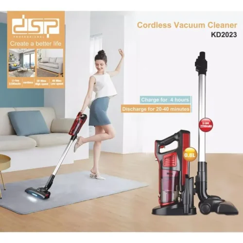 DSP KD2023 cordless vacuum cleaner with LED floor brush, 2200mAh battery, and lightweight design.