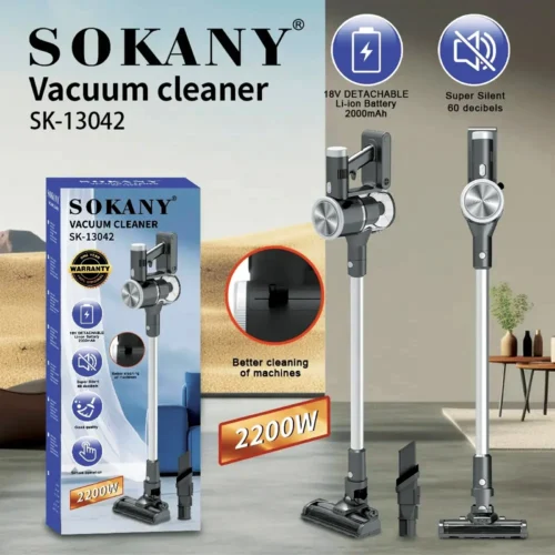 SOKANY SK-13042 cordless vacuum cleaner with detachable battery and accessories displayed with product box