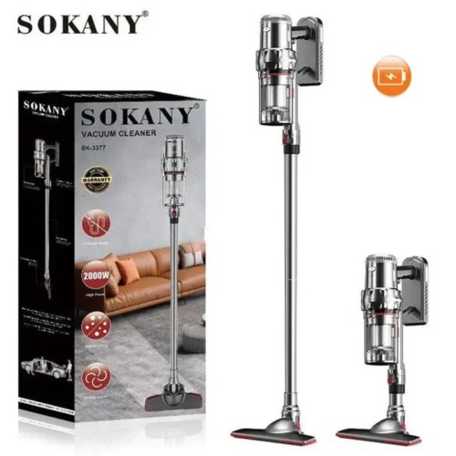SOKANY SK-3377 stick vacuum cleaner shown with product box and detachable handheld unit