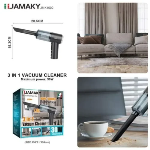 JAMAKY JMK1600 3-in-1 mini vacuum cleaner with nozzle attachments and retail packaging.