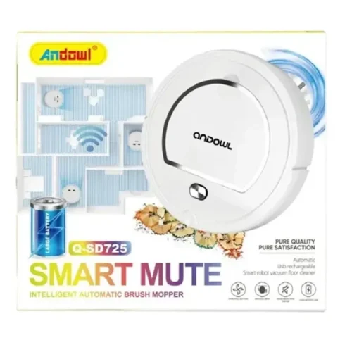 Andowl SMART MUTE Q-SD725 intelligent automatic brush mopper robot vacuum displayed on its packaging.